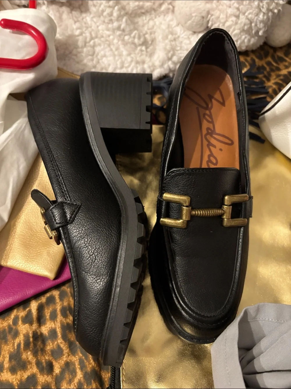 Black Leather Women Loafers with Brass Bit Detail size 7.5